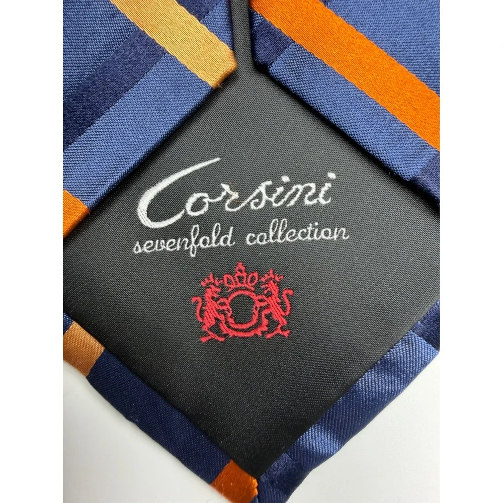 Corsini Sevenfold Collection Mens Silk Tie Navy Blue Orange Diagonal Stripe